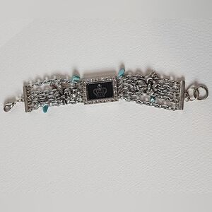 Multi-Chain Silver Statement Bracelet Rhinestone Crown Turquoise Charms Boho 8"